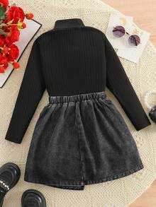 2 件套 Tween 女童简约黑色高领长袖上衣和蝴蝶结设计黑灰色半身裙套装，2025 年春夏 - 黑色 - 查看 7