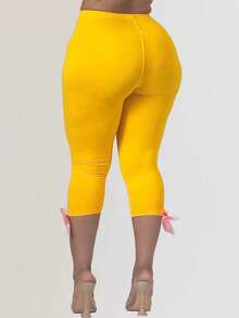 Women Capri Pants With 3D Bow High Rise Long Short Tights Casual Work Leggings For Outdoor Office