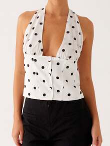 Women's Halter Neck Tank Tops Sleeveless Floral/Dots Print/Solid Color Slim Fit Button Down Tops Shirts - 白色 - 查看 1