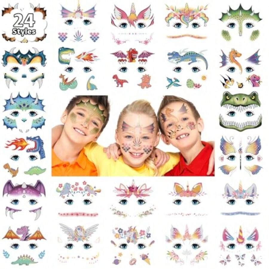 FjcPartywind 24 Styles Face Temporary Tattoos For Dinosaur Fake Tattoo Stickers For Boys Girls Party Supplies Favors Face Tattoos For Birthday Games Goodie Bag Stuffersyq