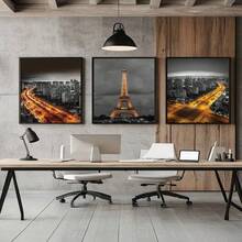 Kit 3 Quadros Cidade Iluminada dourada– Quadro Ideal para Sala de Estar, Escritório, - Branco - Visão 2