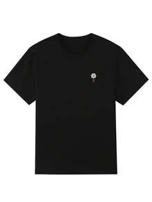 Camiseta blanca de cuello redondo para hombres abemetter - Camiseta minimalista de uso diario con diseño floral pequeño, tela suave y transpirable para atuendos casuales y formales - Lavable a máquina, esencial para el día a día - Negro - Ver 1