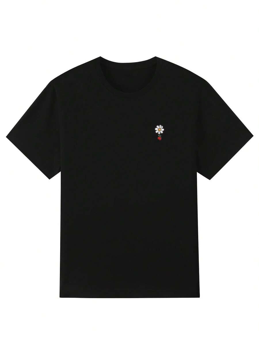 Camiseta blanca de cuello redondo para hombres abemetter - Camiseta minimalista de uso diario con diseño floral pequeño, tela suave y transpirable para atuendos casuales y formales - Lavable a máquina, esencial para el día a día - Negro - Ver 1