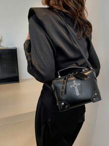 1pc Black Cross Decorated Punk Rock Motorcycle Style Tote Bag, Stylish Rivet Detail Shoulder & Crossbody Makeup Bag For Women, Perfect For Daily Use And Dating Gift - màu đen - Xem 4