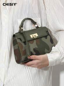 CHISIY 1pc Fashion Camouflage Avant-Garde Style Handbag, Green PU With Brown & Dark Green Color Blocking, Suitable For Business, Casual, Front Twist Lock, With Shoulder Strap, Crossbody Bag, Lightweight & Durable, Retro Charm, Elegant & Unique Style For Women, Versatile For Any Occasion