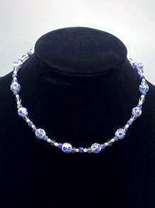 1pc Ceramic Flower & Faux Pearl Beaded Necklace, Bohemian Style Blue Ceramic Necklace, Suitable For Women's Daily Wear, Dates, Parties, Beach Vacations, Gifts