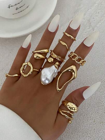 12 件/套波西米亚复古几何镂空独特设计戒指，个性化优雅时尚不对称仿珍珠戒指，适合女性日常装扮、海滩度假装饰、各种派对珠宝