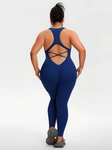 Plus Size Women Seamless High Elasticity Workout Jumpsuit, Criss-Cross Backless Sexy Spaghetti Strap, Outdoor Fitness Yoga Suit, Solid Color, Slim Fit, Daily Wear - Navy Blue - View 5