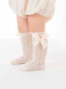 1 Pair Children's Beige Cute Bow Mesh Socks, Versatile Lace Socks For Back To School Season - Beige - View 1