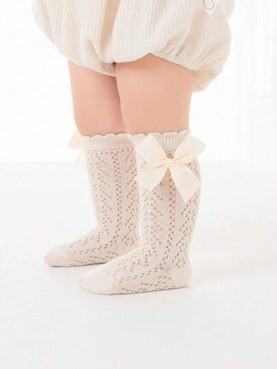 1 Pair Children's Beige Cute Bow Mesh Socks, Versatile Lace Socks For Back To School Season