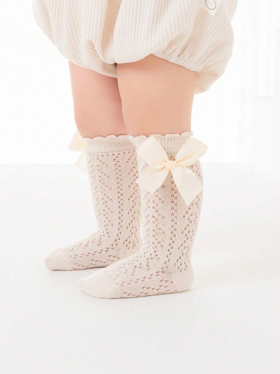 1 Pair Children's Beige Cute Bow Mesh Socks, Versatile Lace Socks For Back To School Season - Beige - View 1
