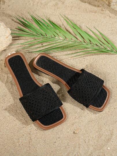 Damen Sommer Neue Schwarze Fischnetz Cut Out Design Luxus Mode Vielseitige Pantoffeln, Geeignet für Strandurlaub, von Influencern empfohlen, Boho-Stil Flache Sandalen