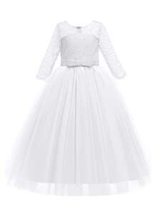 Flower Girls Dress Long Lace Bridesmaid Dress 3/4 Sleeves Floor Length Wedding Party Evening Formal Pegeant Maxi Tulle Ball Gowns - 白色 - 查看 3