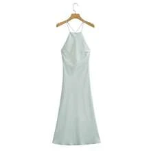- Satin Strap Dress - Silk-Like Lustrous Flowing Effect - Minimalist Style - xanh quân đội - Xem 5