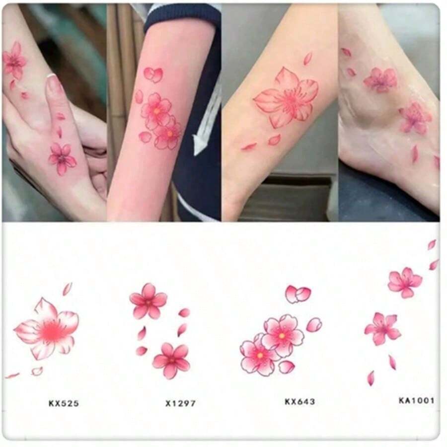 4 Pieces Of Beautiful Cherry Blossom Colored Tattoo Stickers, Sweet And Sexy Arm And Foot Bare Collarbone Flower Tattoo Stickers For Girls