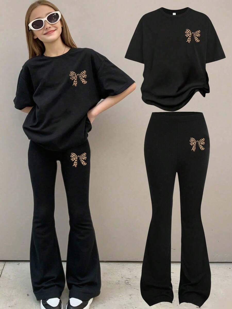 2pcs/Set Teen Girl Butterfly Print Short Sleeve T-Shirt And Flare Pants Outfit, Spring/Summer