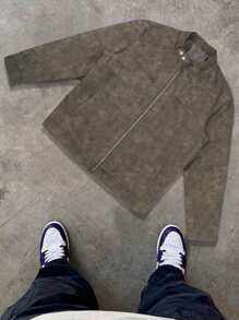 Men Casual Distressed Jacket, Stand Collar Zipper, Suitable For Daily Wear & Commuting, Fall