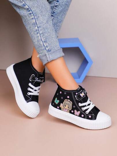 1 par de zapatillas de moda para niñas, zapatos casuales con decoración de personaje de dibujos animados y mariposa, lindos zapatos con cordones, adecuados para niñas pequeñas y niñas pequeñas para uso al aire libre, para todas las estaciones