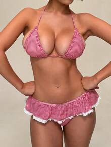 Women Y2k Halter String Bikini Set Triangle Bikini Top Low Rise Micro Swim Skirt With Built-In Thong Swimwear - 紅色 - 查看 7