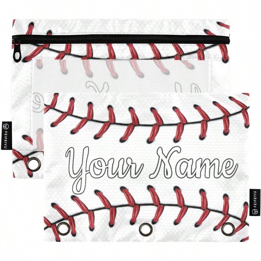 Custom Pencil Pouch For 3 Ring Binder Baseball Lace Red Stitches Personalized Pencil Pouches Case Binder Cosmetic Bag 2 Pack For Office School College Supplies-0142 - 棒球花邊 - 查看 1