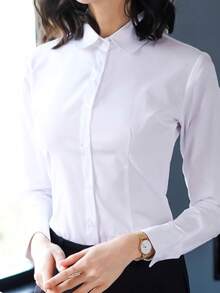 Áo sơ mi trắng dài tay dành cho nữ, mẫu mới Thu/Đông 2025, trang phục công sở trang trọng, áo sơ mi cổ Peter Pan, áo lót mùa xuân. - trắng - Xem 6
