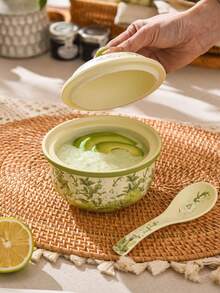 1pc Vintage Floral Ceramic Bowl With Lid, Spoon Included, Rustic Lily Of The Valley Green Casserole Dish, Homemade Dessert & Soup Bowl, Creative Dinnerware, Suitable For Daily Use