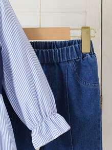 2 件套女童条纹衬衫和蝴蝶结喇叭牛仔裤套装，可爱校园风格，2025 年秋季返校季