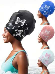 长发泳帽，男女通用，超大泳帽 - 优雅蝴蝶图案，防水硅胶泳帽，高弹力泳帽，适合编织发、脏辫、非洲风格编织假发