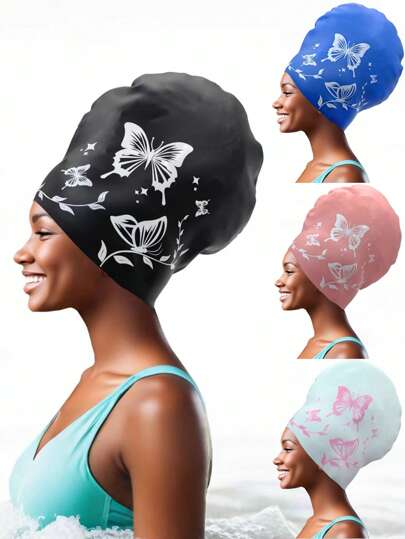 长发泳帽，男女通用，超大泳帽 - 优雅蝴蝶图案，防水硅胶泳帽，高弹力泳帽，适合编织发、脏辫、非洲风格编织假发
