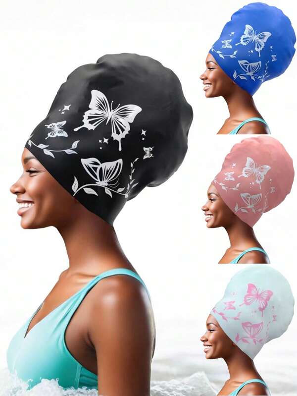 Lange Haare Schwimmkappe, Unisex, Extra Große Schwimmkappe - Elegantes Schmetterlingsmuster, Wasserdichte Silikon Schwimmkappe, Hohe Elastizität Schwimmkappe, Geeignet für geflochtene Haare, Dreadlocks, afrikanisch geflochtene Perücken
