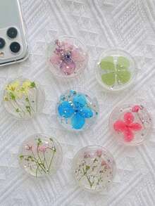 1 件透明干花圆形手机握持支架、可折叠气垫支架、手机滑动支架、桌面支架（手工制作的干花手机支架，干花形状/颜色可能与图片不完全相同）适用于 、Android 手机，生日、家人、朋友的礼物推拉式手机握持支架手机配件