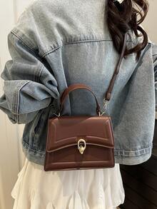 优雅纯色时尚手提包，复古翻盖女士钱包，PU 斜挎包，顶部提手 - 咖啡棕 - 查看 3