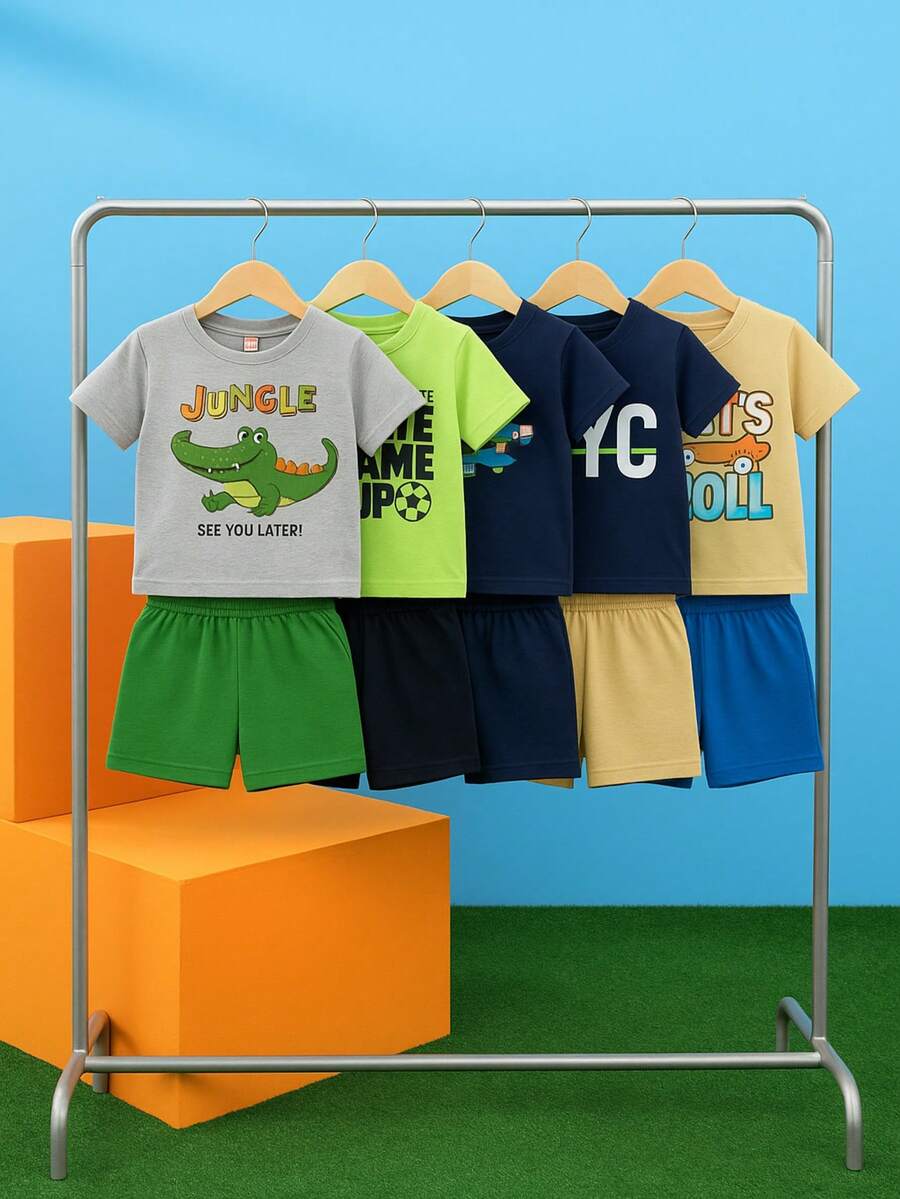 Kit 6 Peças 3 Conjuntos Infantil Menino Juvenil Verão Masculino 1 ao 16 - 3 Camisetas + 3 Bermudas - Multicolorido - Visão 1