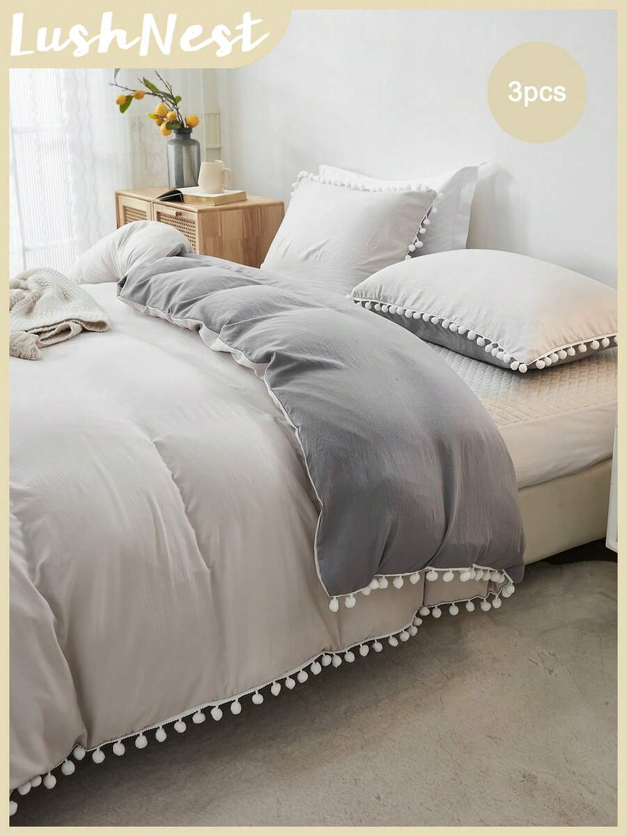 Plain Pom Pom Duvet Cover Boho Farmhouse Bedding 3 Pieces Pom Pom Decor Beige And Grey Reversible Comforter Cover Soft Microfiber Duvet Cover For Boys Girls 1 Duvet Cover And 2 Pillowcases No Comforter For All Seasons School Bedding