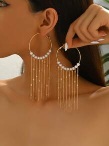 1 Pair Summer Beach Vacation Style Chain & Tassel Hoop Earrings, Versatile For Daily Wear, Parties, Beach Leisure