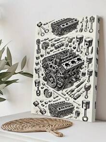 1pc Vintage V8 Engine Explosion Canvas Wall Art, Automotive Theme Wall Decor, Aesthetic Room Decoration, Living Room Art, Mechanical Illustration, Wall Art, Painting, Poster, Suitable For Home, Garage, Office, Studio - Monochrome Detailed Parts Diagram, Frame Optional - Multicolor - View 4