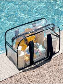 حقيبة شاطئ قطعة واحدة، حقيبة تخزين ملابس شفافة مقاومة للماء من البي في سي، حقيبة سفر كبيرة السعة محمولة للمكياج والعناية، باستثناء العناصر الموجودة داخل الحقيبة