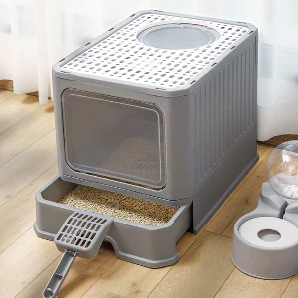 Caja de arena para gatos extra grande totalmente cerrada, elimina olores, a prueba de salpicaduras, tipo cajón de entrada superior, suministros para gatos