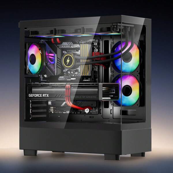 KFFKFF PC Gaming Case, Mid-Tower, Computer Case With High-Airflow Tempered Glass Panel, Dust Filter, 6 X 120 Mm PWM ARGB Fans, Easy Cable Management, For GPU Up To 410 Mm In Length, For ATX/M-ATX/ITX
