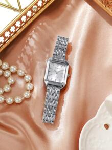 1 pieza Reloj de pulsera de cuarzo elegante para mujer, con correa de acero, esfera cuadrada, estilo clásico de lujo (1 pieza/set), caja de reloj no incluida