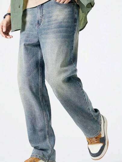 CAMEL CROWN Men's Wide Leg Jeans, Men's Cotton Breathable Washed Loose Straight Leg Pants