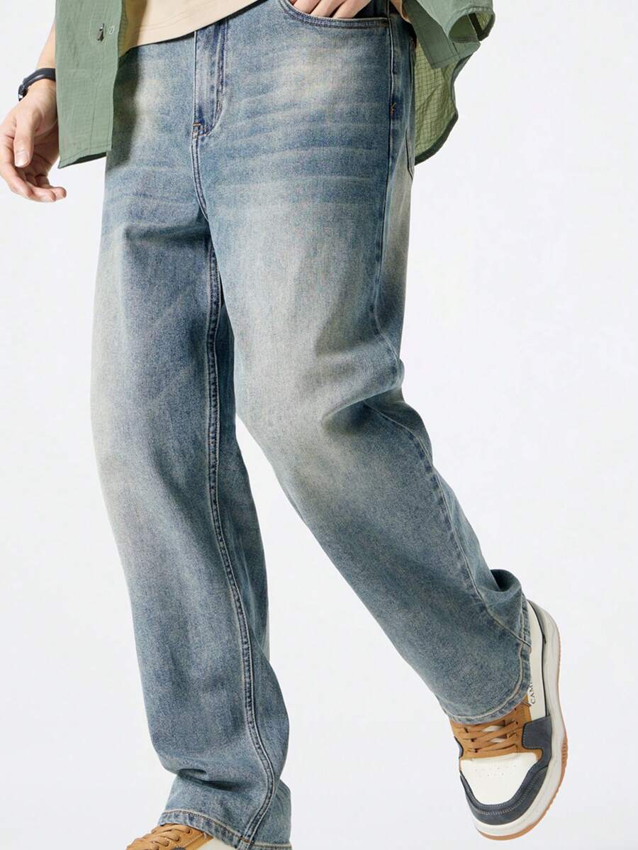 CAMEL CROWN Men's Wide Leg Jeans, Men's Cotton Breathable Washed Loose Straight Leg Pants