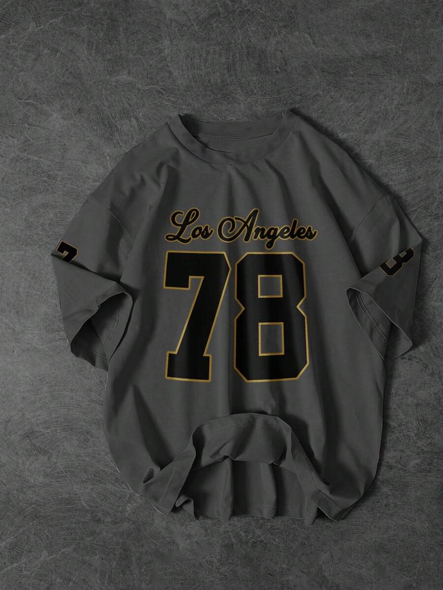 洛杉矶图案 T 恤，黑色涤纶男式洛杉矶 78 图案 T 恤 - 休闲宽松版型，可机洗短袖 T 恤，带有粗体数字印花 - 灰色 - 查看 1