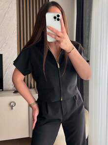 Women's Jackets Short Coats Cropped Short -Sleeved Jacket Outerwears Spring Summer Autumn Black White Brown Zip Up Jacket Women Top - 黑色 - 查看 2