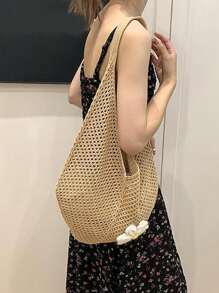 Hollow Out Weave Straw Bag Bohemian Beach Handbag Hollow Tote Bag Large Capacity Shopping Beach Bag Fashion Hollow Out Weave Straw Bag Beach Handbag Bohemian Style Beach Bag Slouchy Style Large Capacity Hollow Tote Bag Vacation