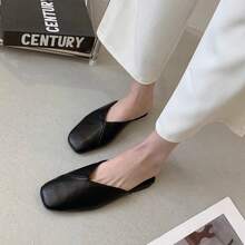 Women's Black Mule Shoes, Elegant Square Toe Design, Fashionable Comfortable Flat Sandals, Closed-Toe Slip-On Shoes, Suitable For Indoor And Outdoor, All Season, Synthetic Leather Upper Soft And Comfortable, Rubber Outsole Durable And Non-Slip, Wholesale And Retail