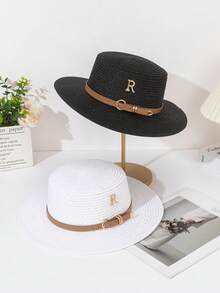 Boho 1 szt. Damski, modny i uroczy słomkowy kapelusz ze skórzaną klamrą, odpowiedni na wakacje na plaży, do codziennego użytku i z ochroną przeciwsłoneczną. Kapelusz kowbojski na Walentynki