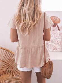 Womens Short Sleeve V Neck Button Down Babydoll Peplum Blouse Loose Casual Top - Hồng - Xem 3