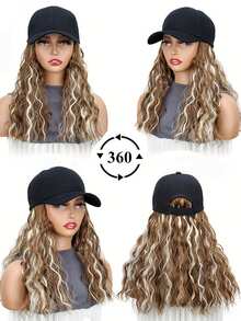 12英寸波浪卷曲金棕色合成假发帽，可调节棒球帽式假发，女士款，棕色和金色调混合，适合日常佩戴 - 彩色 - 查看 10
