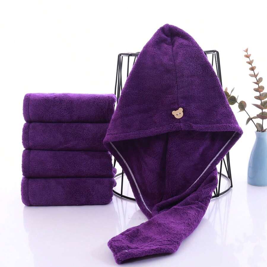 1 件紫色干发帽，现代涤纶熊装饰吸水发巾，适用于浴室，旅行家居浴室装饰返校发帽